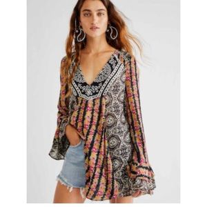 NWT $128 Free People Fallin Into You Long Sleeve Tunic In Black Combo Size XS